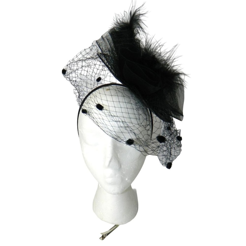 Black Fascinator Hat Feather Veil Flower Headband Or Pin Birdcage Fishnet Chic